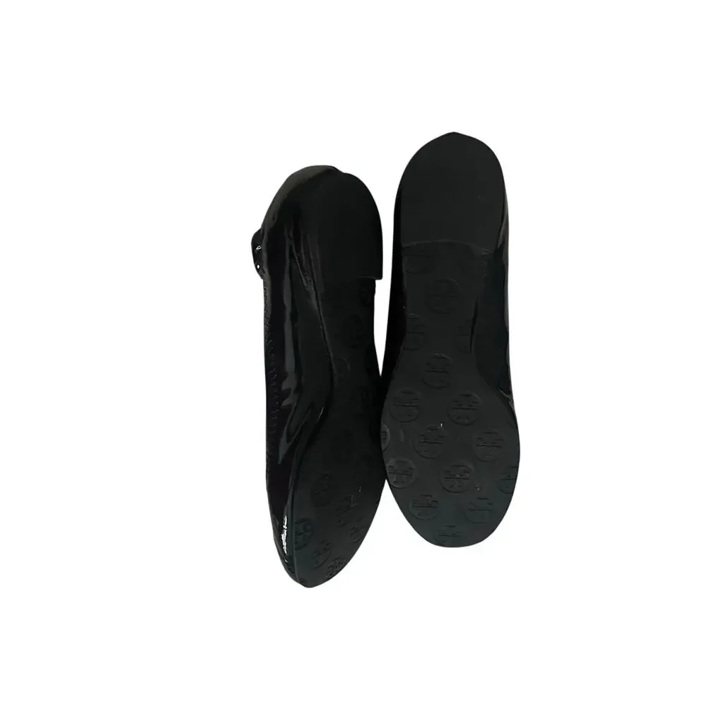 Tory Burch Womens Patent Leather Slip On Ballet Flats Black Logo Shoes 6M